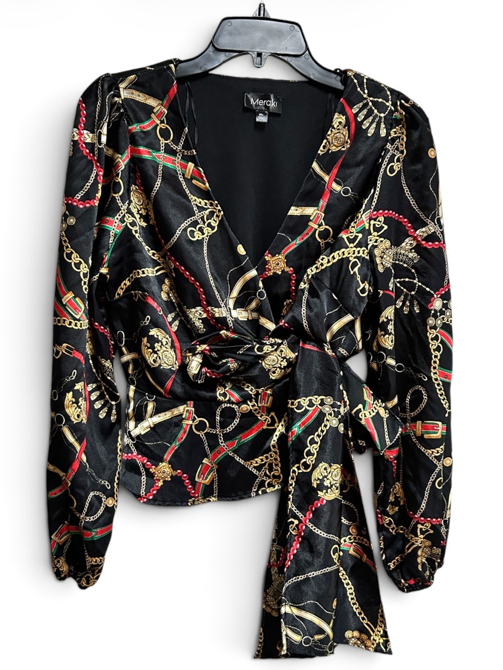 Meraki Blouse Size XL Black Gold Chain Print Wrap Tie Crop Equestrian Vintage